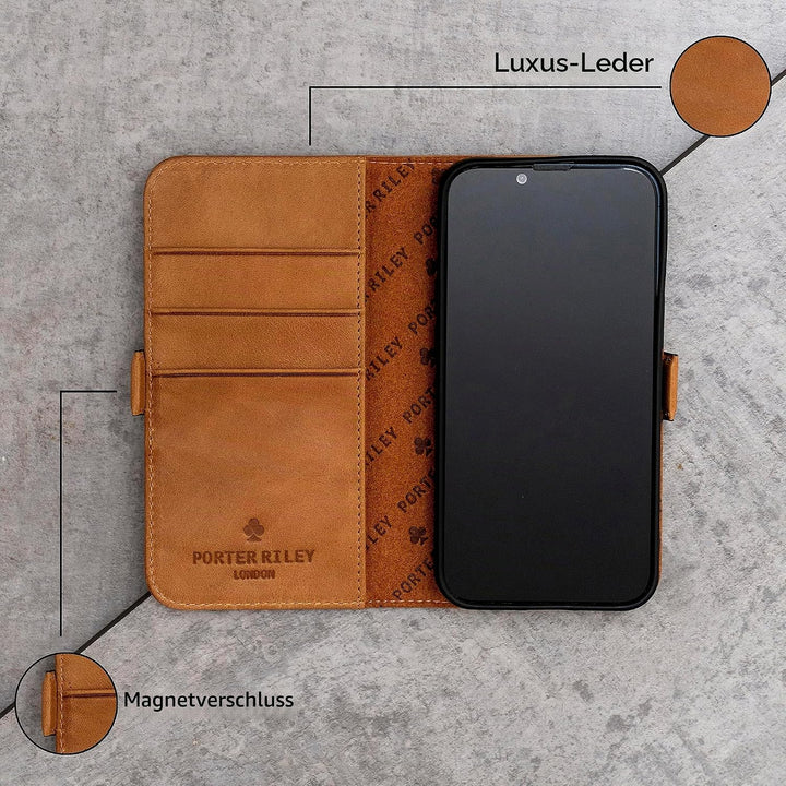 Porter Riley - Lederhülle für iPhone 13 Pro (6.1"). Premium Echtleder Standhülle/Ledertasche/Briefta