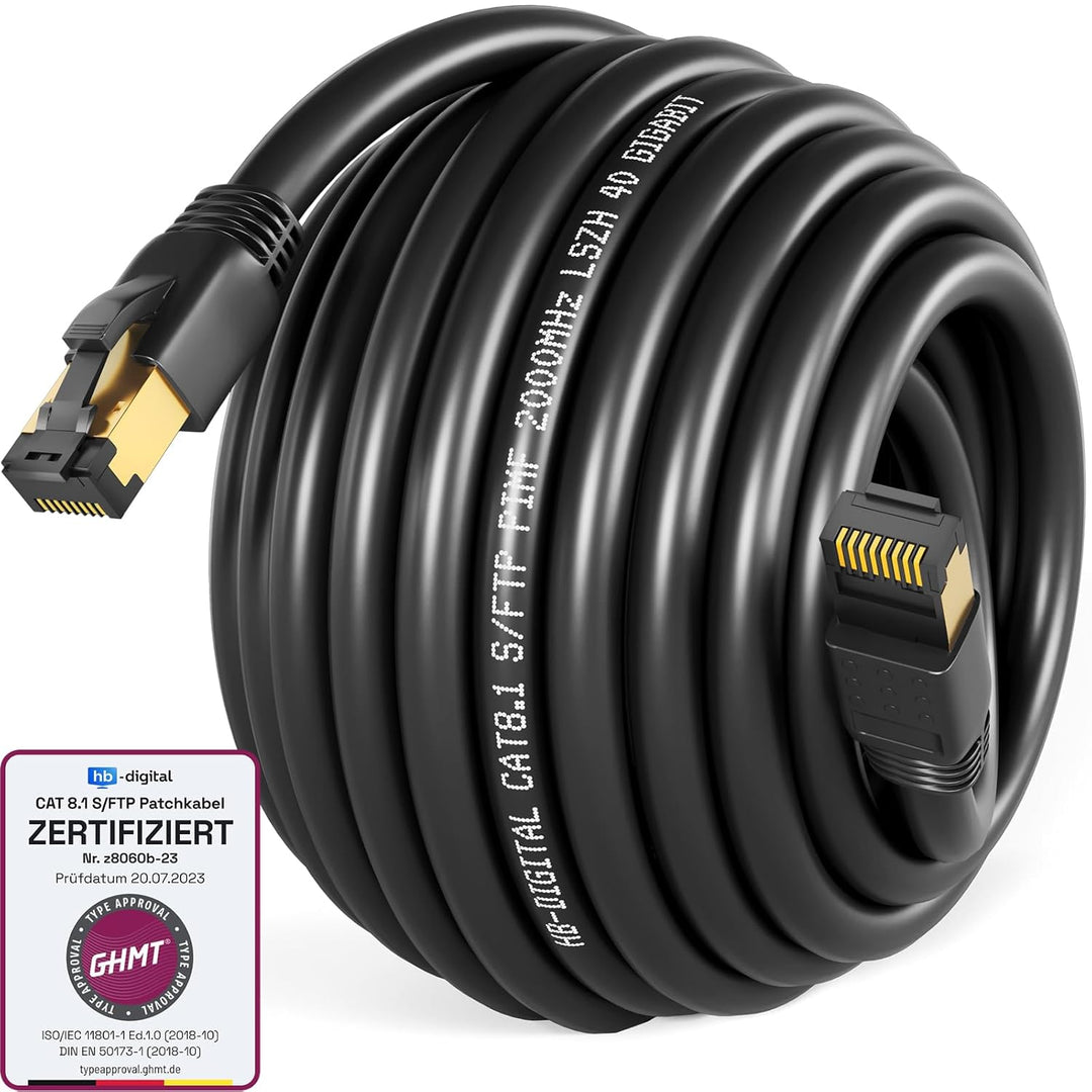 HB-DIGITAL 20m CAT 8.1 Netzwerkkabel S/FTP LSZH Schwarz 40 Gbits | LAN Patchkabel Gigabit RJ45 Steck