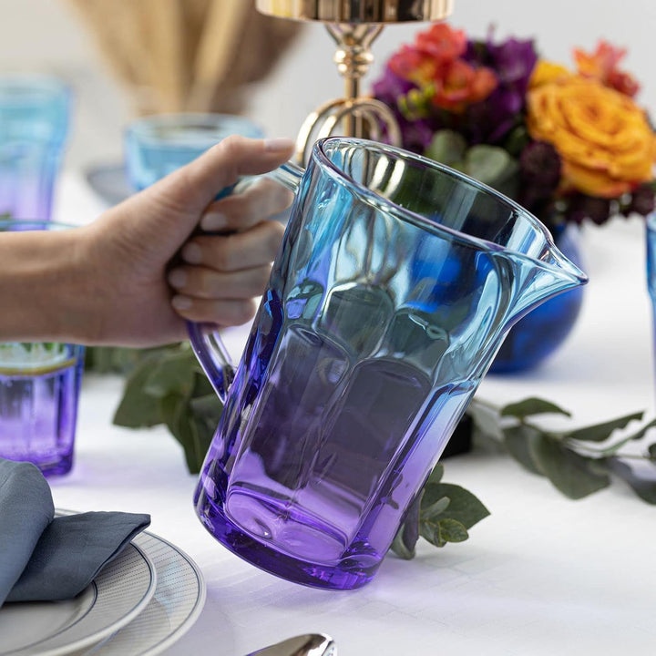 TREND FOR HOME Wasserkaraffe Glas 1 Liter mit Handlichem Griff Bunt Wasserkrug 19 cm Glaskanne Blau