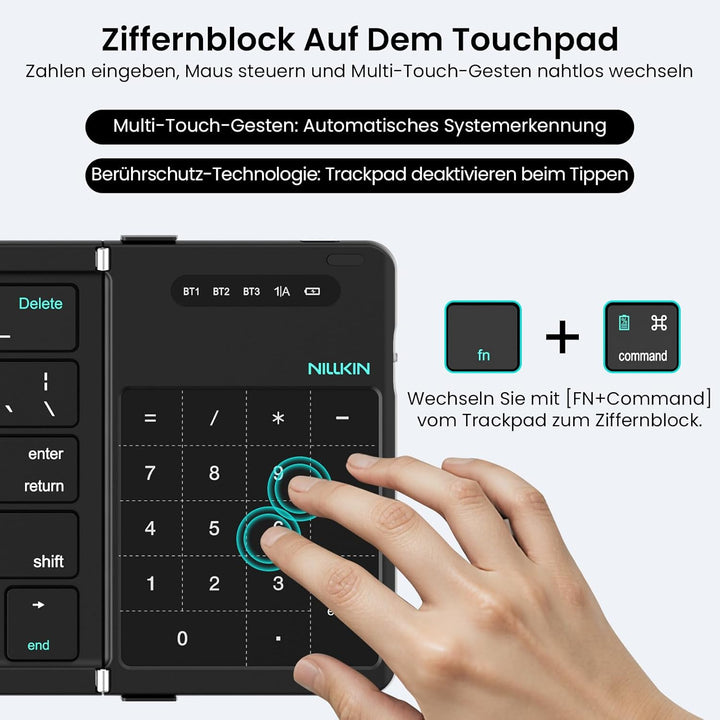 Nillkin Faltbare Bluetooth Tastatur mit Touchpad, Wiederaufladbare Klapptastatur mit Ziffernblock, T
