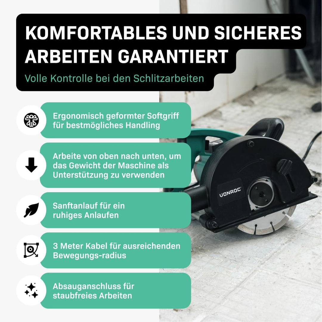 VONROC Mauernutfräse Schlitzfräse mit Absaughaube - Mauerfräse 1700W - Schlitzmaschine für 150mm Kab