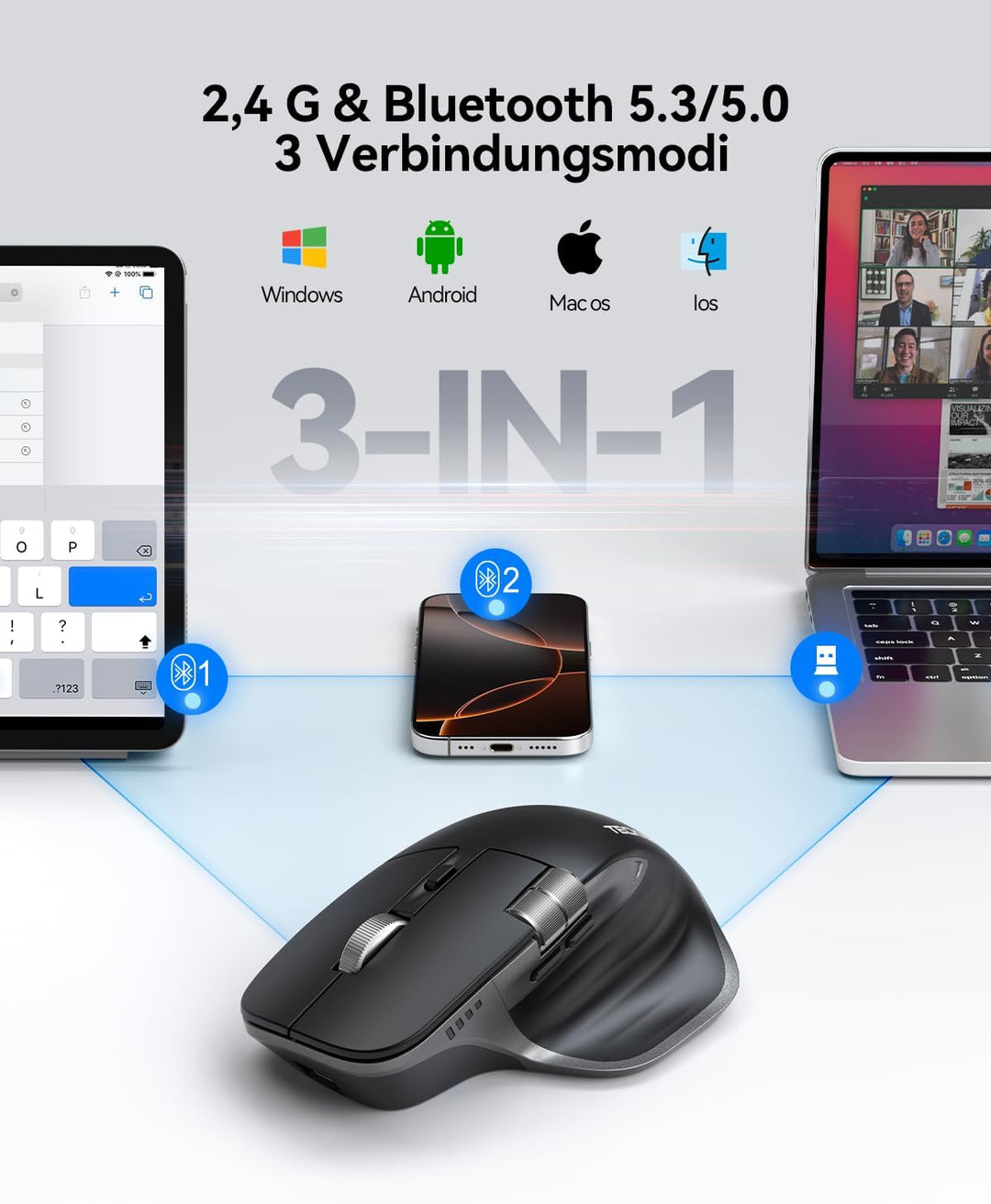 TECKNET Bluetooth kabellose Maus(BT 5.0/5.0+2,4G), Seitliches Mausrad, Superschnelles Scrollen, Wied