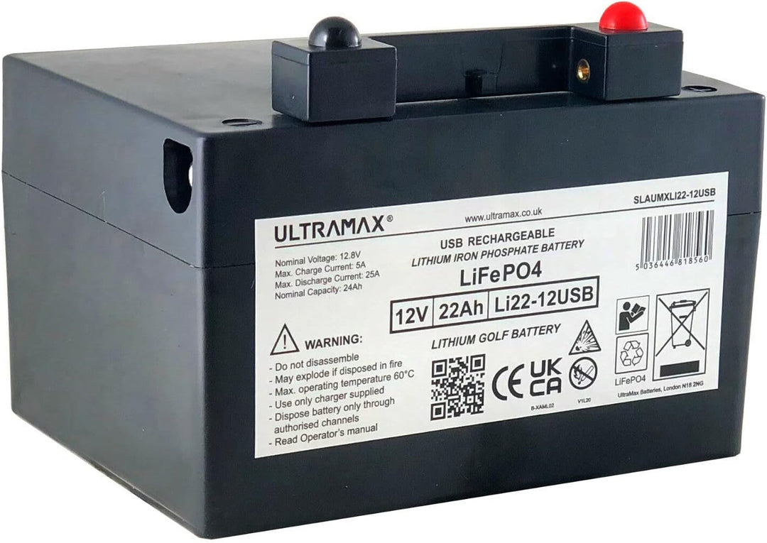 ULTRAMAX 12V 22AH LITHIUM GOLF TROLLEY BATTERY WITH USB PORT (LI22-12USB)