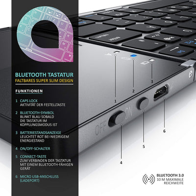 CSL - Bluetooth Tastatur klappbar mit Touchpad für PC Smartphone oder Tablet - faltbares Keyboard im