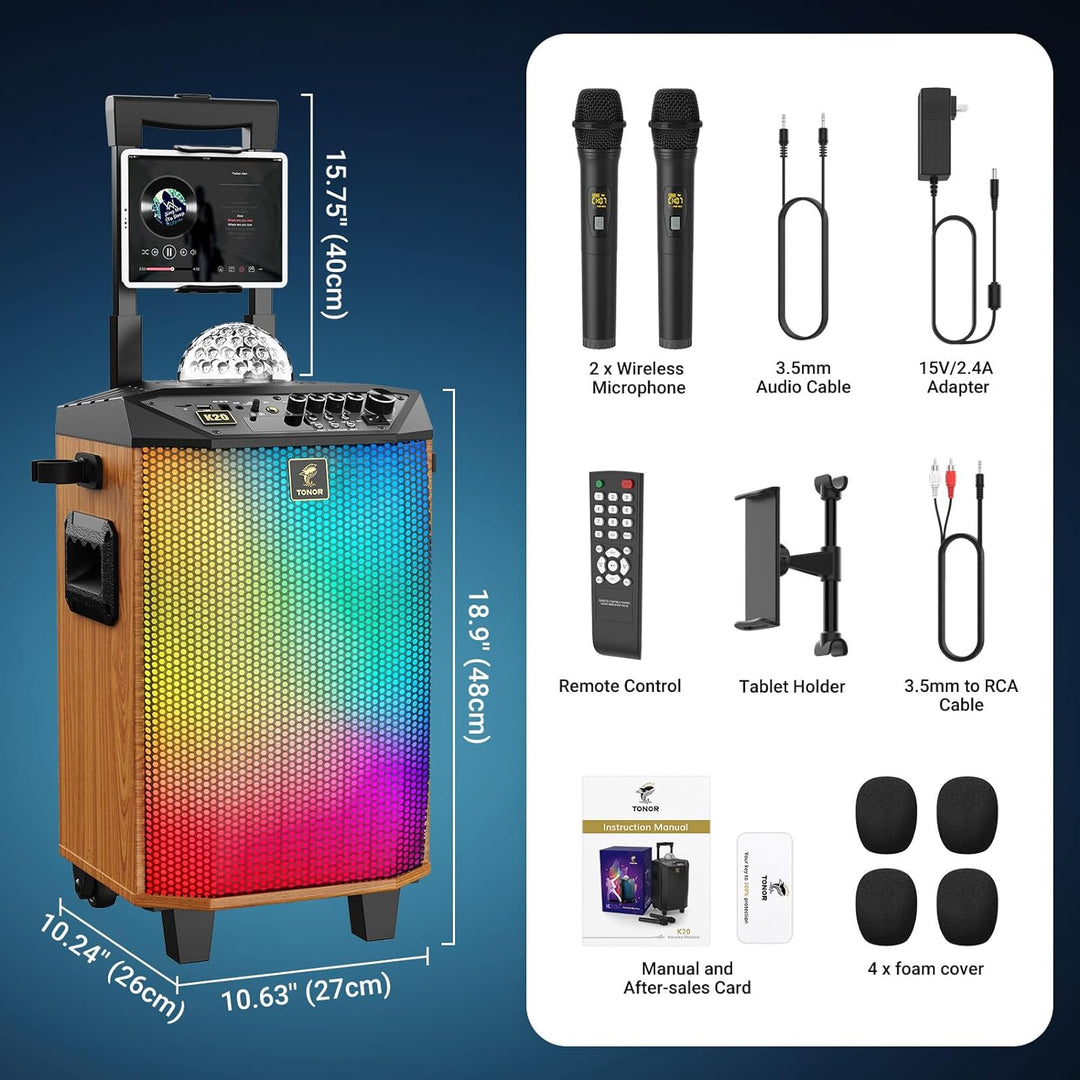 Karaoke Maschine für Erwachsene, TONOR tragbarer Bluetooth Lautsprecher mit 2 kabellosen Mikrofonen,