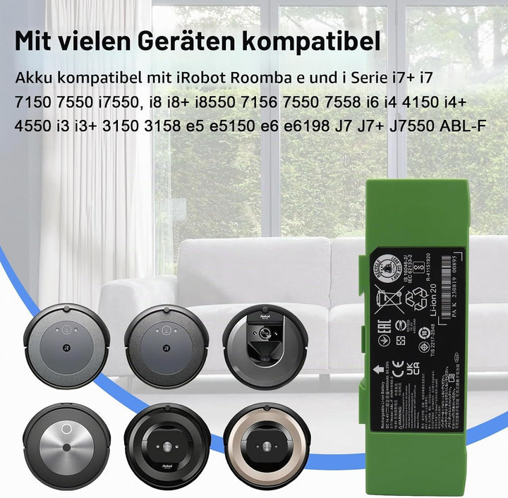 14,4 V 4460 mAh Akku für iRobot Roomba e und i Serie i7+ i7 7150 7550 i7550, Akku für i8 i8+ i8550 7