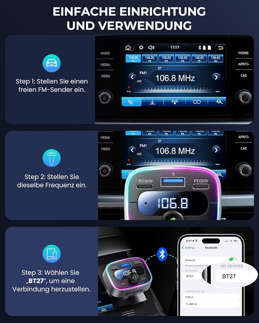 LENCENT Bluetooth 5.4 FM Transmitter Auto Bluetooth Adapter, 60 W PD 30 W Dual-USB-C-Schnellladung,