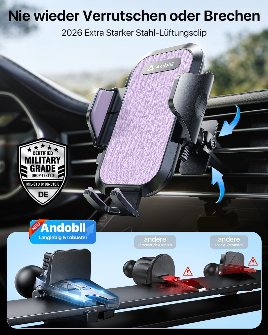 andobil Handyhalterung Auto [2026 Neueste Saugnapf] 3 in 1 Saugnapf & Lüftung Halter Universale KFZ