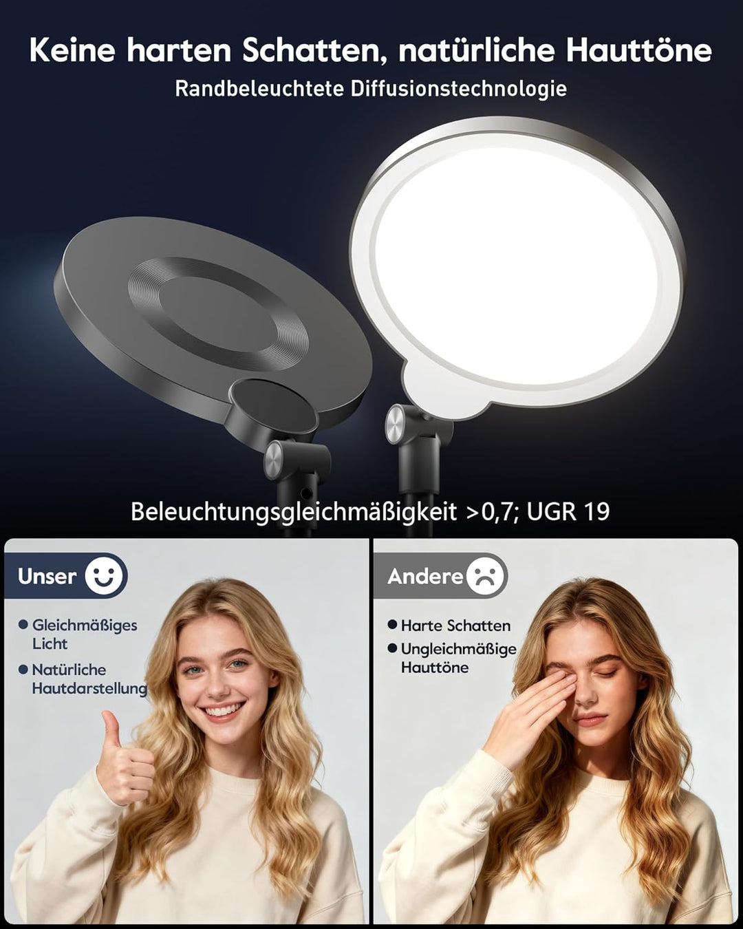 Ringlicht mit Ständer, Schreibtischlampe mit 3 Farbtemperaturen & 10 Helligkeitsstufen, CRI>97,8 Str