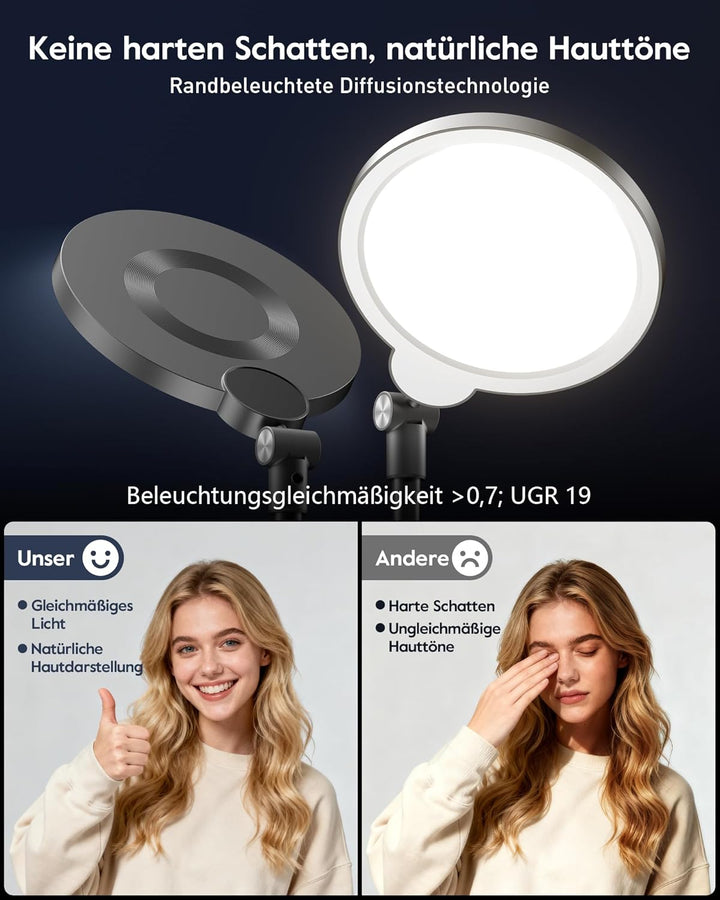 Ringlicht mit Ständer, Schreibtischlampe mit 3 Farbtemperaturen & 10 Helligkeitsstufen, CRI>97,8 Str