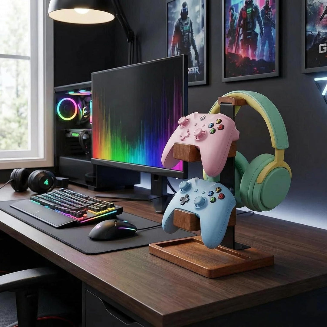 Acidea Massivholz-Controller-Halter und Headset-Ständer, Dual-Gaming-Controller-Ständer, Spielausrüs