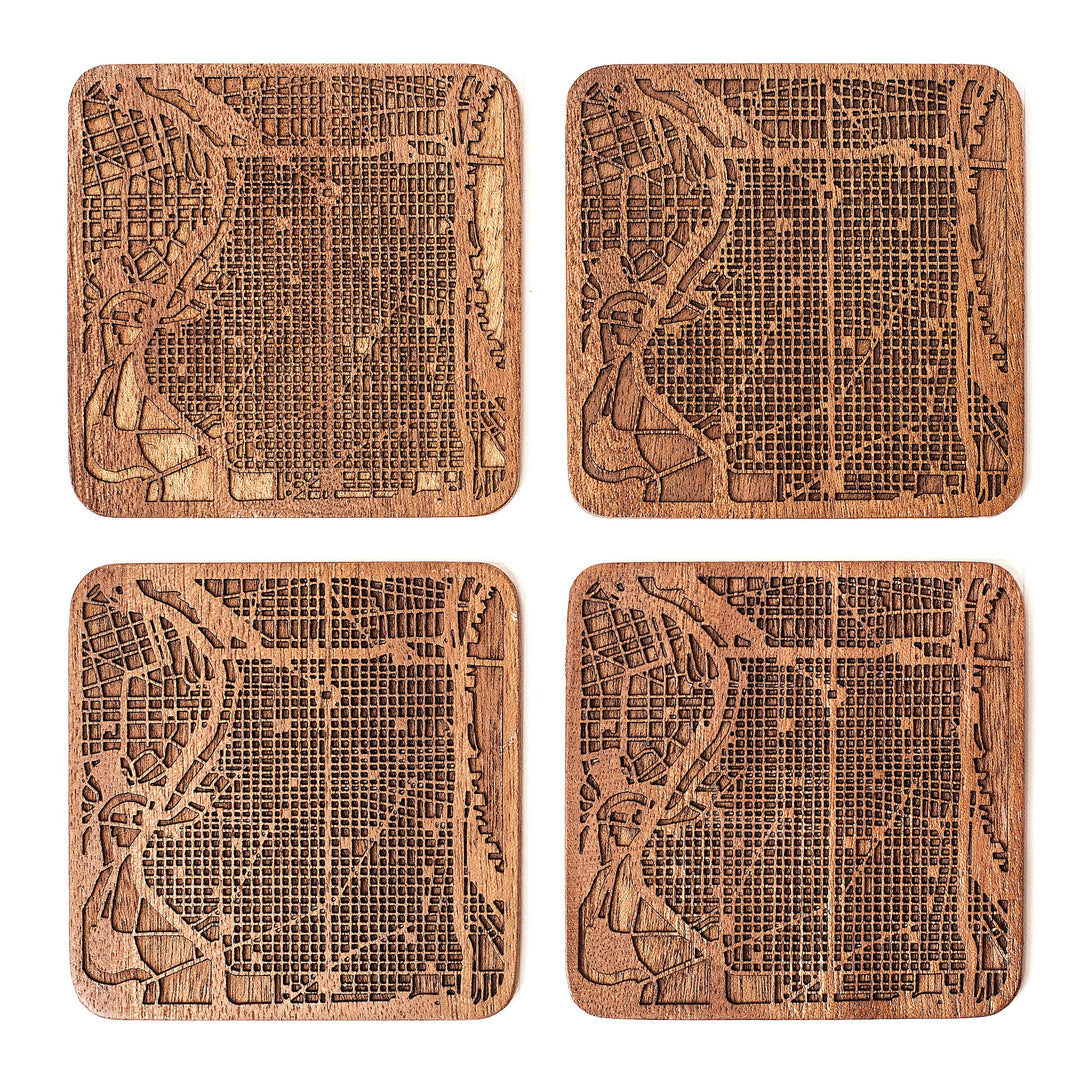 Philadelphia Untersetzer mit Landkarte aus Sapeli-Holz, 4 Stück, mit Stadtkarte, mehrere Stadt optio