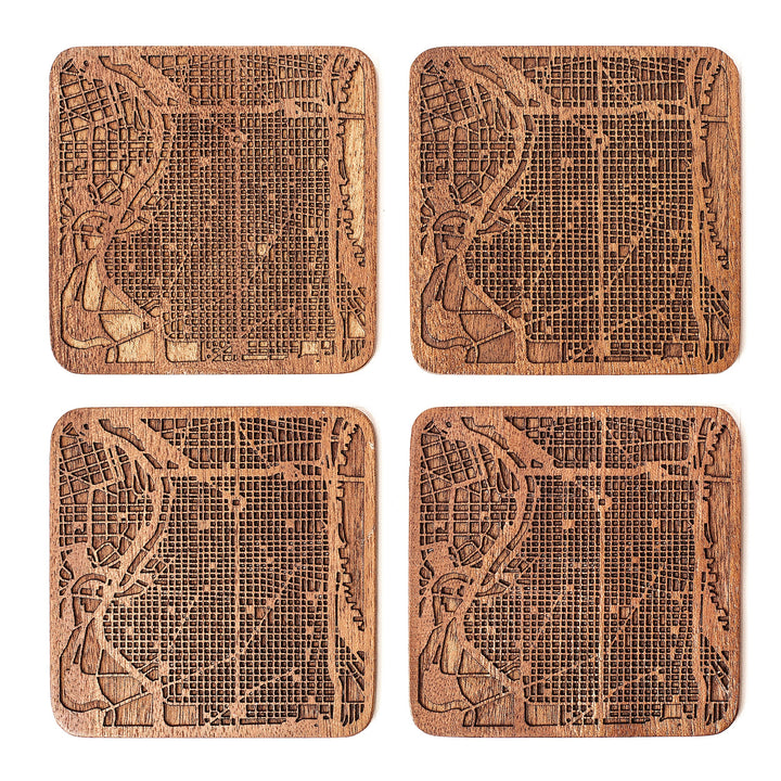 Philadelphia Untersetzer mit Landkarte aus Sapeli-Holz, 4 Stück, mit Stadtkarte, mehrere Stadt optio
