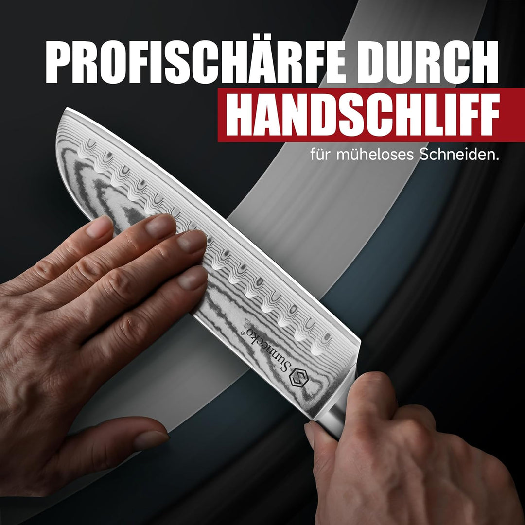 Sunnecko Santoku Messer Damastmesser 17cm, Hochwertiges Küchenmesser aus VG-10 Stahl, Fleischmesser