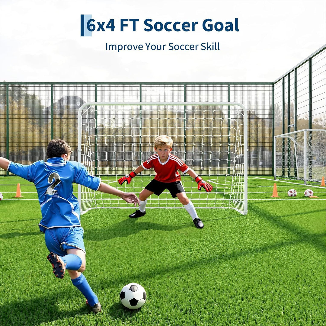 Fussballtor Aussen, 1,2 m × 1,8 m, Tragbares Fussballtor, Metallrahmen, PE-Netz &amp; Erdheringe, Weiss