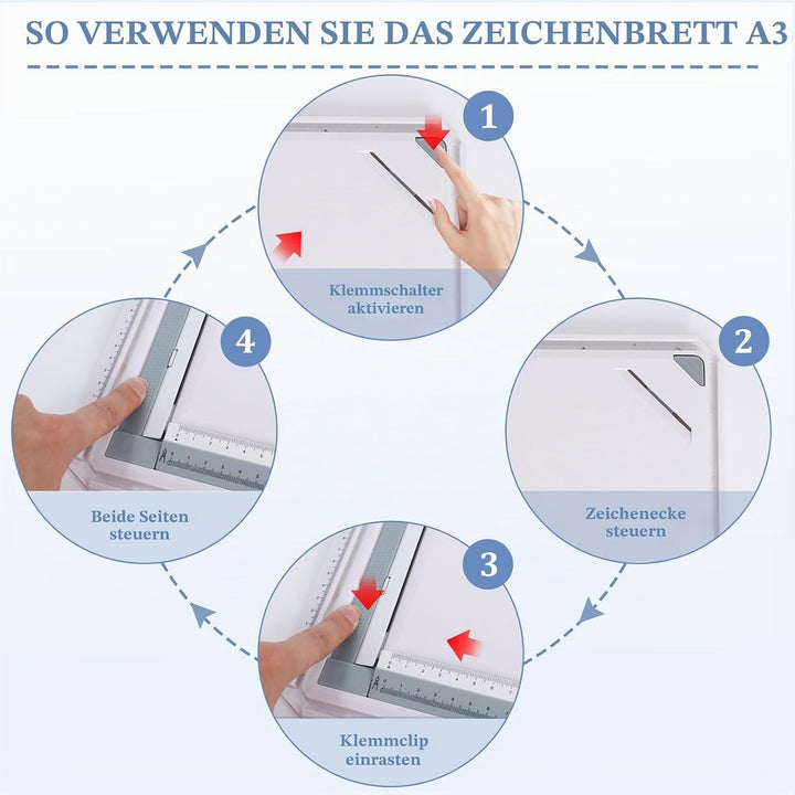 Zeichenbrett 51 x 37 cm, Zeichenplatte A3, Multifunktionales Technisches Zeichnen mit Parallelbewegu
