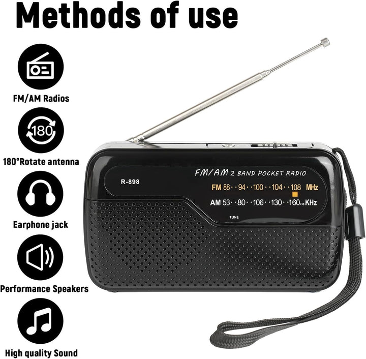 Tragbares Radio, Transistorradios am FM, tragbare Tasche, funktioniert mit 2 AA-Batterien, kleines T