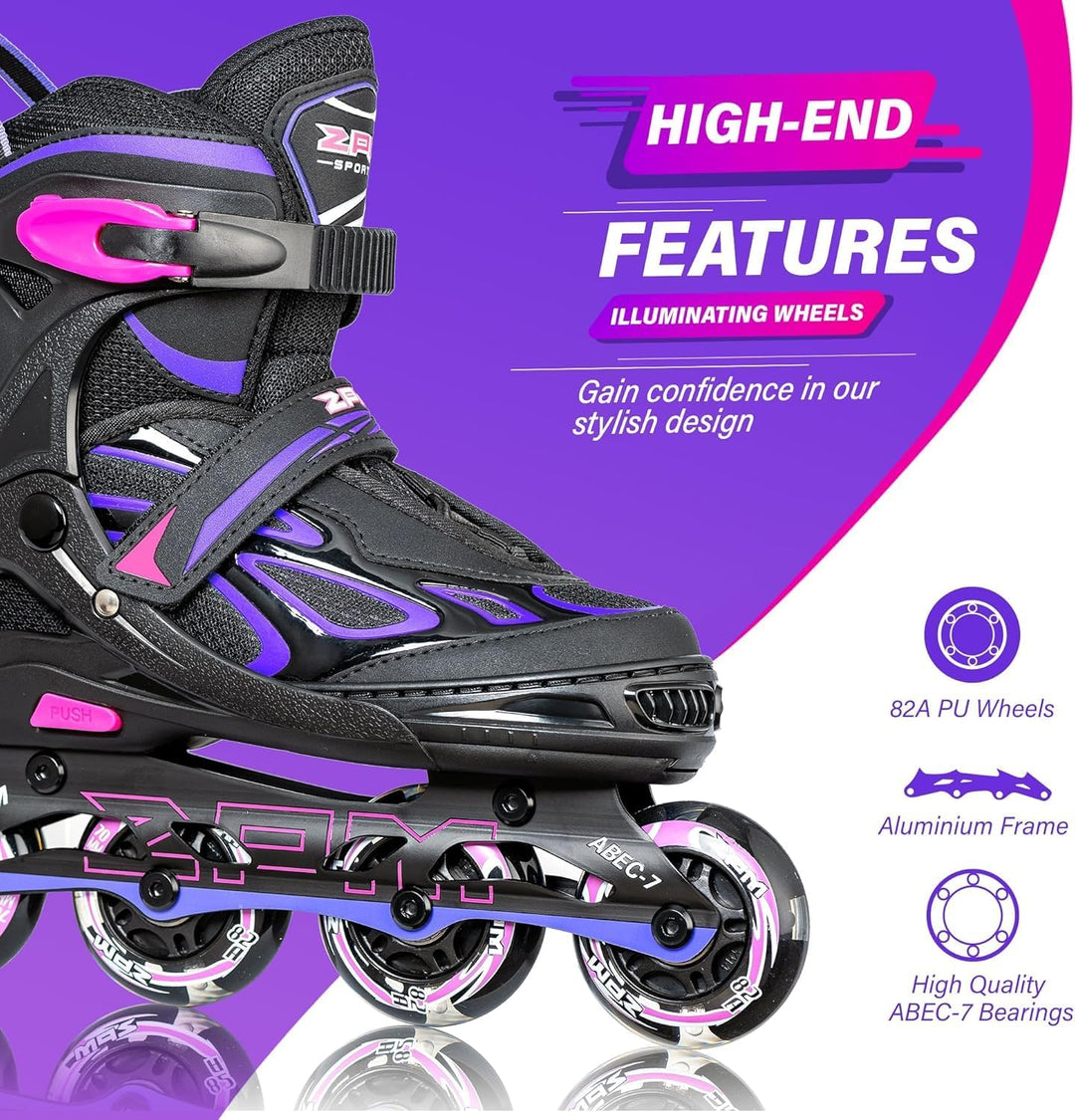 2PM SPORTS Verstellbar Inliner für Kinder, Leucht Inline Skates Rollschuhe für Damen/Herren A Violet