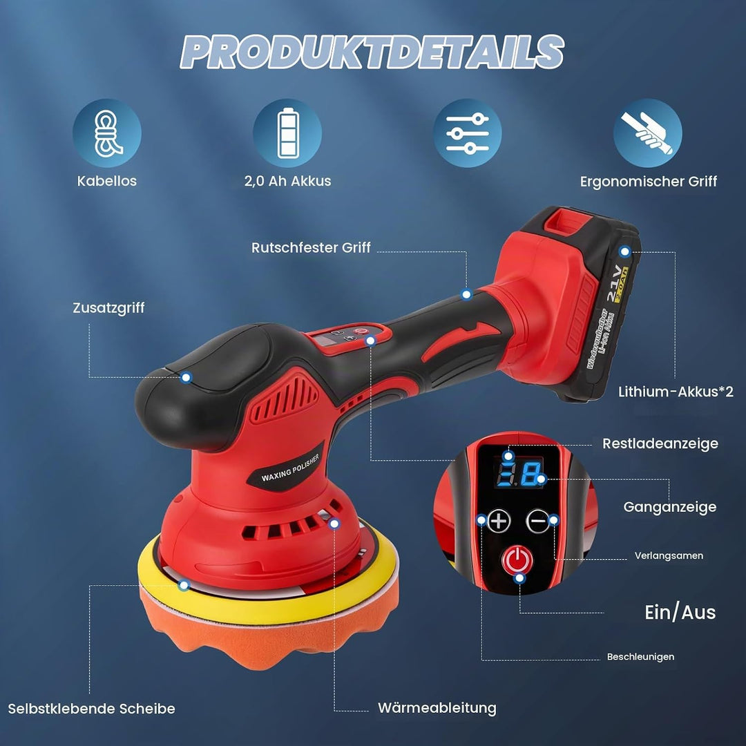 Akku Poliermaschine für Auto, 21V Polishing Machine, 8 Variable Geschwindigkeit - 2800-5500 RPM, mit