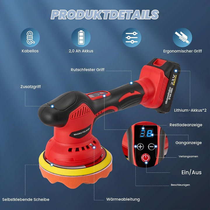 Akku Poliermaschine für Auto, 21V Polishing Machine, 8 Variable Geschwindigkeit - 2800-5500 RPM, mit