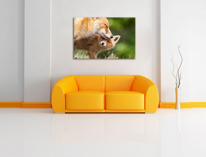 Kuschelnde Füchse Format: 100x70 auf Leinwand, XXL riesige Bilder fertig gerahmt mit Keilrahmen, Kun