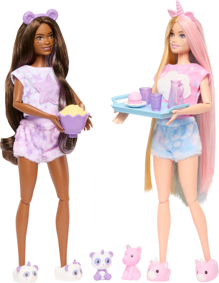 Barbie Cutie Reveal Pyjamaparty Deluxe Set - Über 35 Überraschungen inkl. 2 Puppen, 2 Haustiere, Far