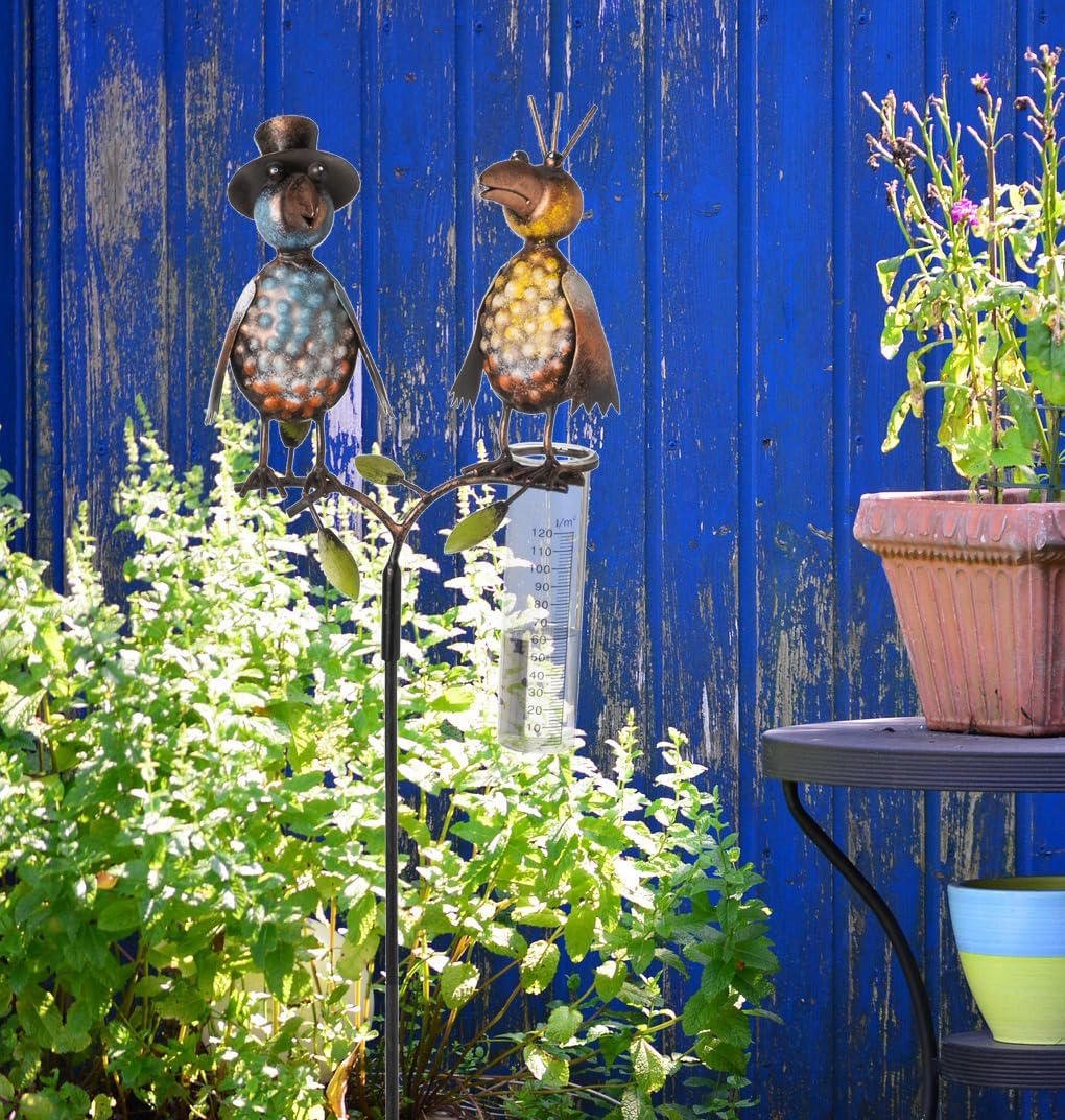 mucHome Regenmesser mit Glas Rabe aus Metall, 120 cm, Rabenpaar Vogel Gartenstecker, bunt lackiert