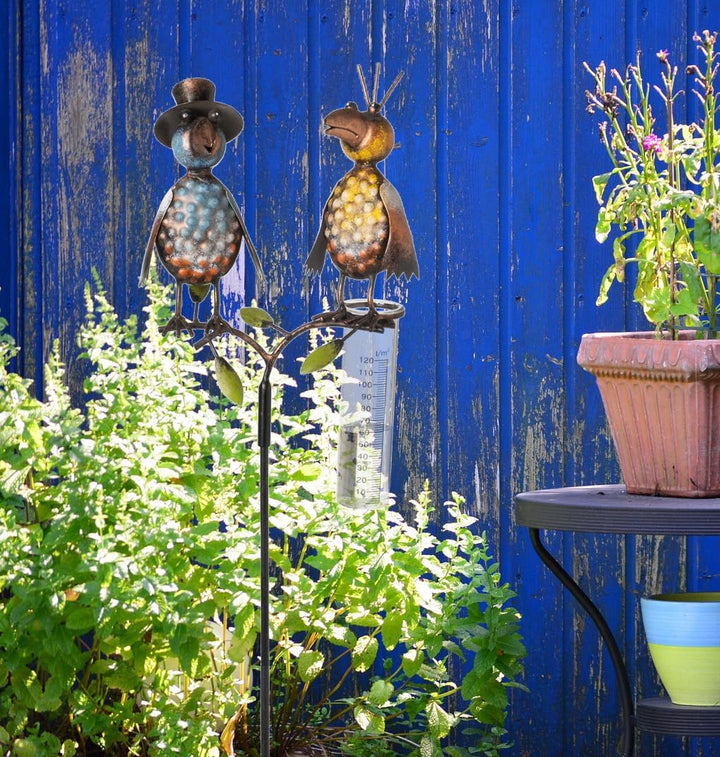 mucHome Regenmesser mit Glas Rabe aus Metall, 120 cm, Rabenpaar Vogel Gartenstecker, bunt lackiert