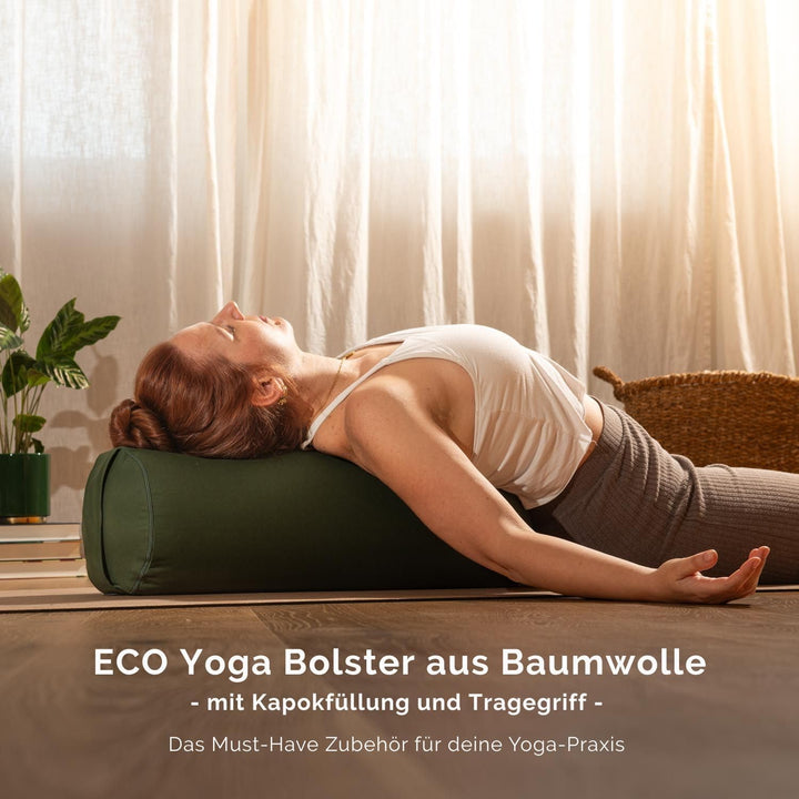 Bodhi Yoga Bolster | ECO Serie | Yogarolle mit Kapok-Füllung | Waschbarer Bezug aus 100% Bio-Baumwol