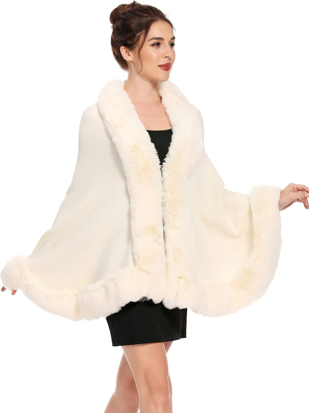 ZLYC Damen Winter Kunstpelz Poncho Cape Strick Schal Stola Warm Cardigan Beige, Beige