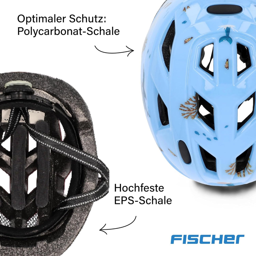 FISCHER Kinder-Helm, Fahrradhelm, Jugendhelm mit integriertem LED-Rücklicht, XS/S, 48-54cm Delfin, D
