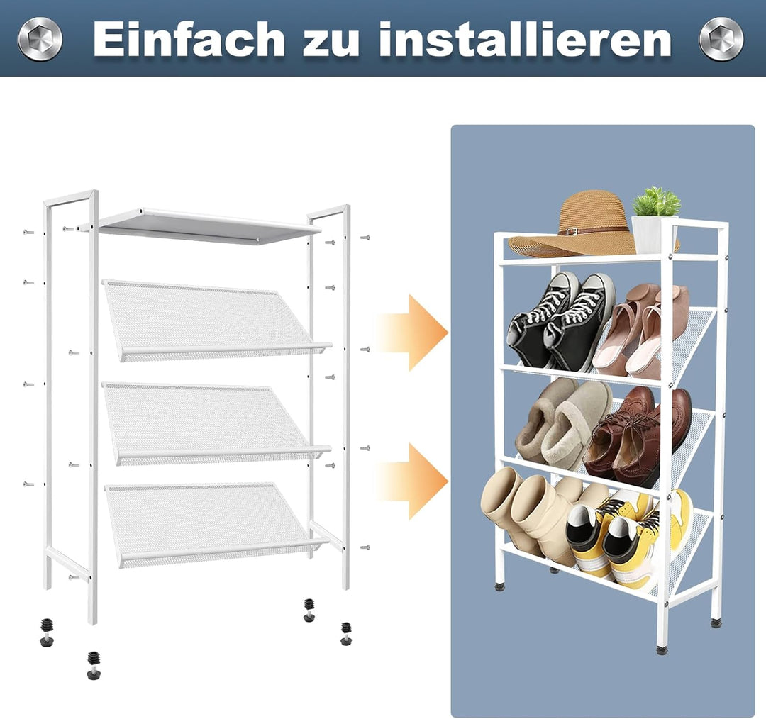 Schuhregal Schmal, Schuhregal Platzsparend Metall Weiss, Schuhablage mit 4 Ebenen für Eingangsbereic