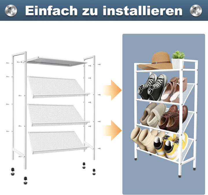 Schuhregal Schmal, Schuhregal Platzsparend Metall Weiss, Schuhablage mit 4 Ebenen für Eingangsbereic