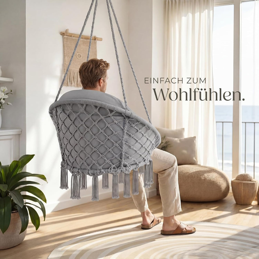 tectake® Hängesessel, Hängeschaukel mit dicken Kissen &amp; Quasten, Boho Hängekorb Ø 80 cm, Hängesessel