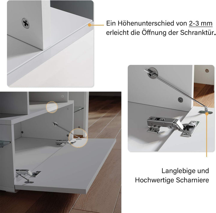 SONNI TV Board, Weiss Griffloses Design, TV Schrank, Hochglanz mit LED Beleuchtung, 12 Farben können