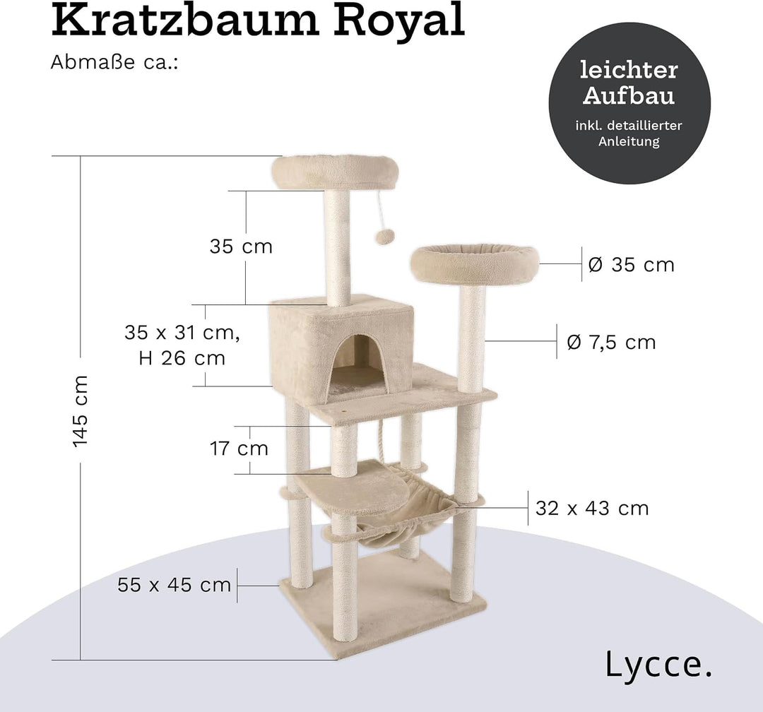 Lycce Kratzbaum gross Royal 145 cm hoch mehrstöckiger Katzenbaum inkl. 10 Kratzsäulen mit vollständi