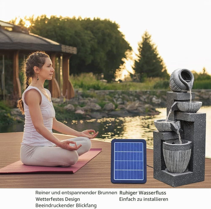 BTGGG Solarbrunnen für Draussen,4-Stufiger Kaskaden Solar Springbrunnen Gartenbrunnen mit LED-Licht