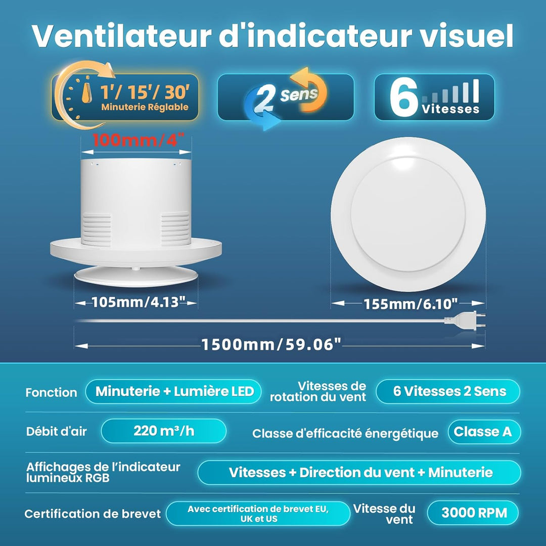 100mm Badlüfter mit Nachlauf & LED Beleuchtung,3000U/min 220m³/h,2 Wege 6 Drehstufen mit Anzeigelamp