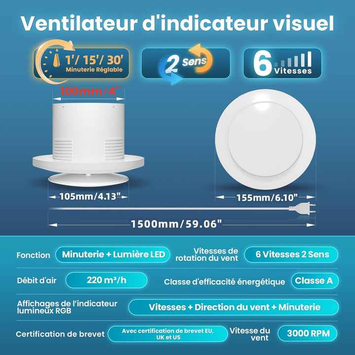 100mm Badlüfter mit Nachlauf & LED Beleuchtung,3000U/min 220m³/h,2 Wege 6 Drehstufen mit Anzeigelamp