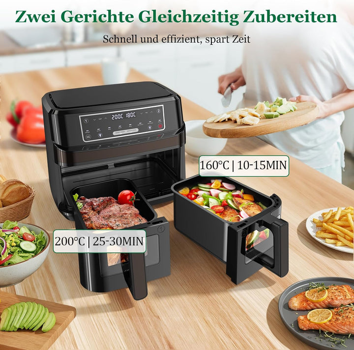 Heissluftfritteuse 2 Kammern | 10L Airfryer mit Sichtfenster Zweizonen Temperatur Separat Regeln, 8-