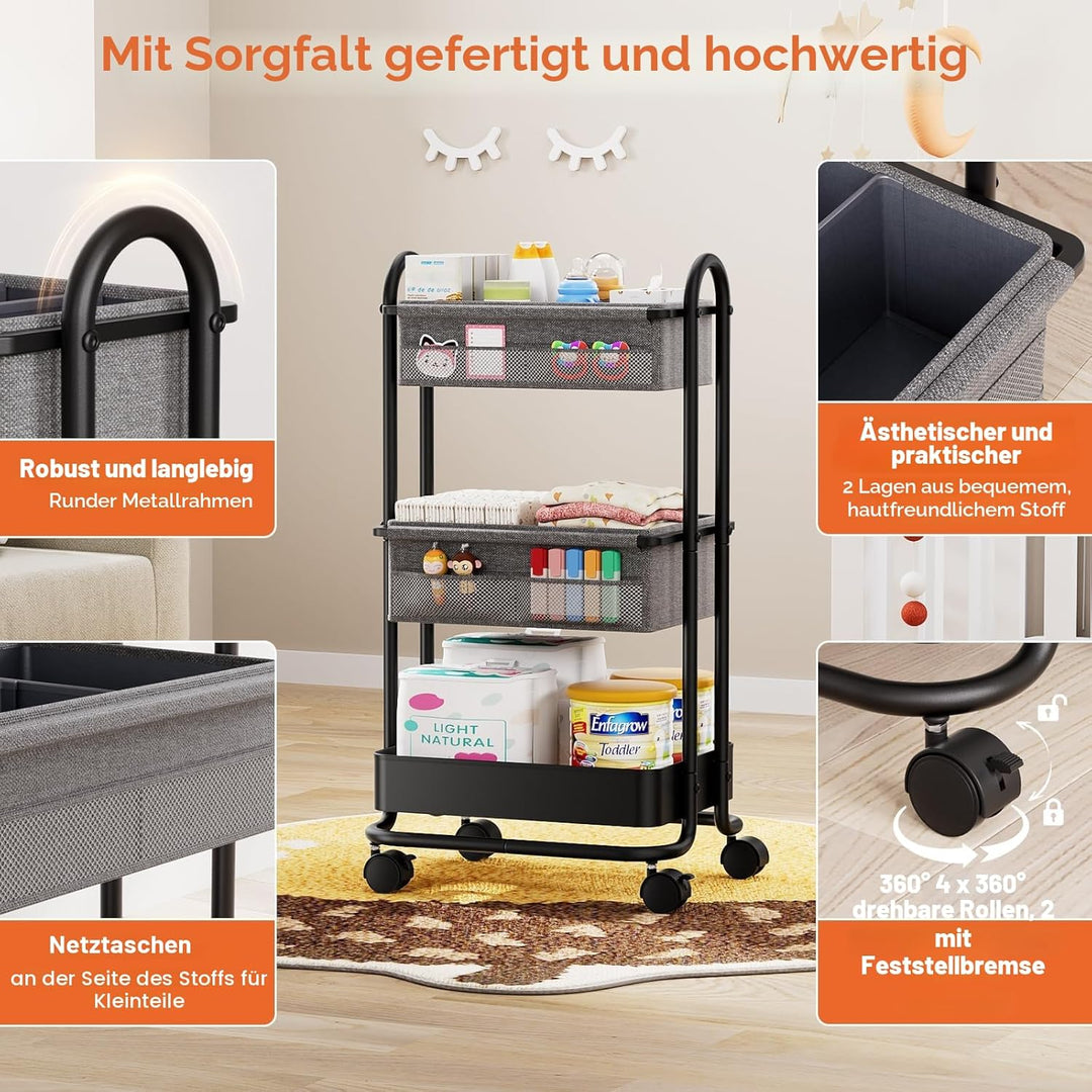 3 Etagen Beweglicher Windeltasche Organizer, Baby Windel Caddy Organizer, Wickeltisch Rollwagen mit