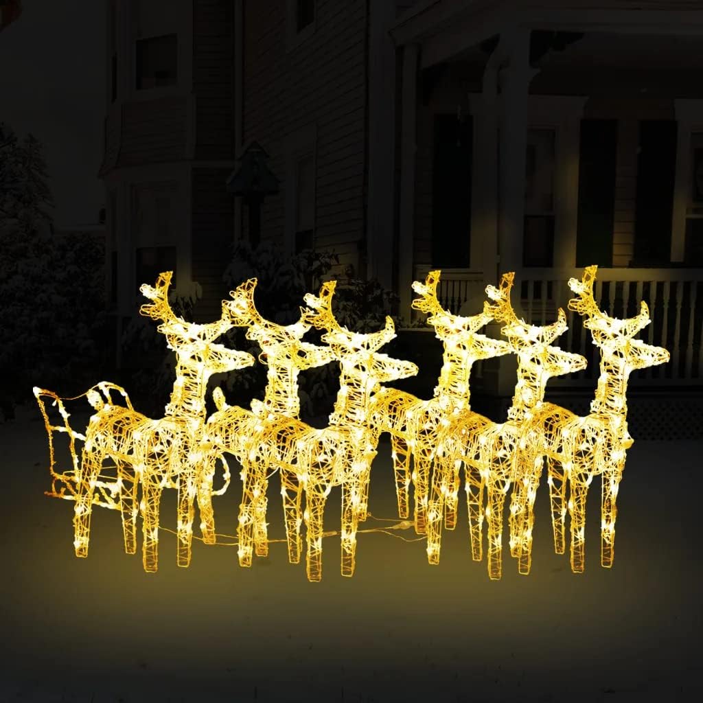 vidaXL Weihnachtsdekoration Rentiere mit Schlitten Beleuchtet Dekofigur Weihnachtsdeko Figur Weihnac