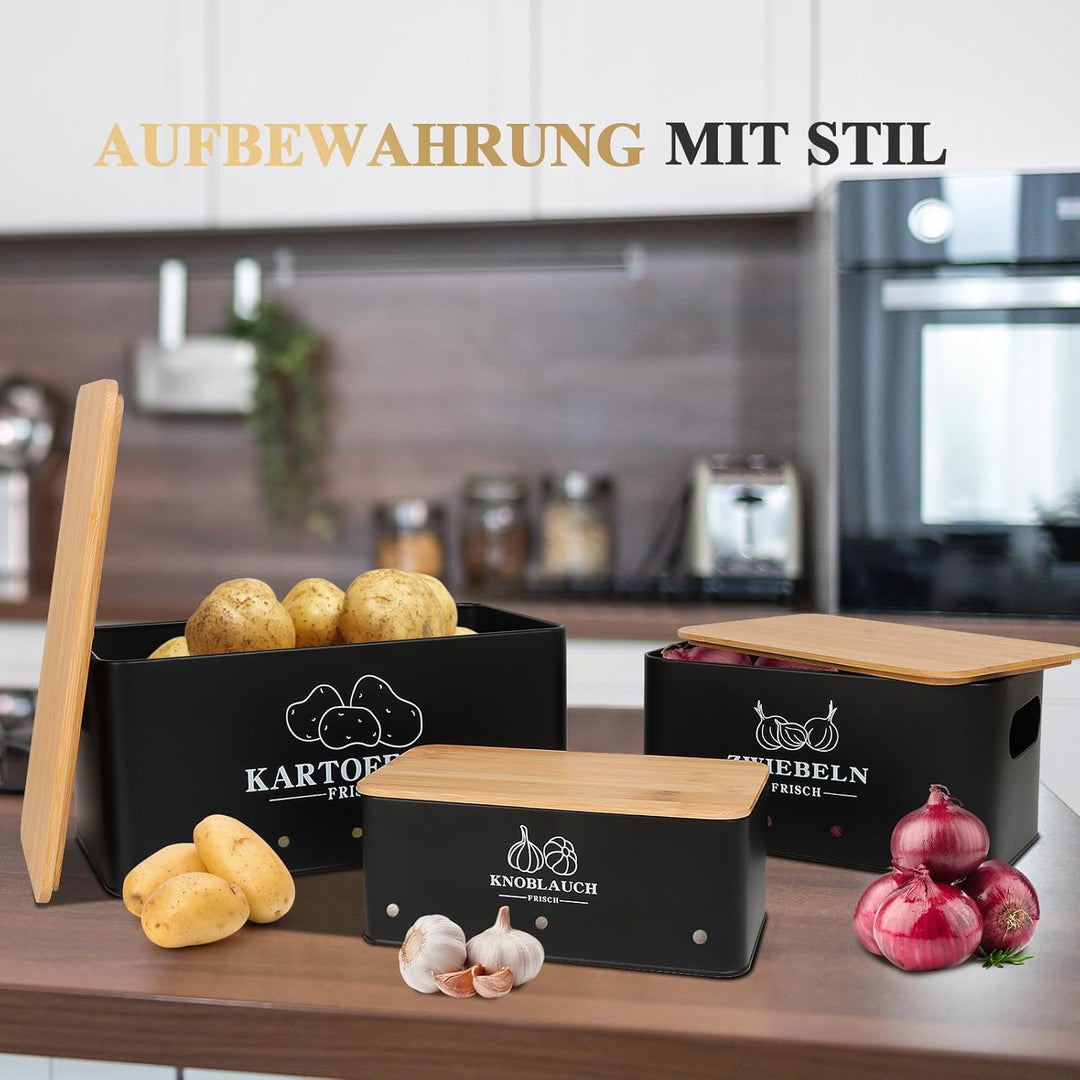 Kartoffel Aufbewahrungsbox 3er Set mit Bambusdeckel, Aufbewahrung für Kartoffeln Zwiebeln Knoblauch,
