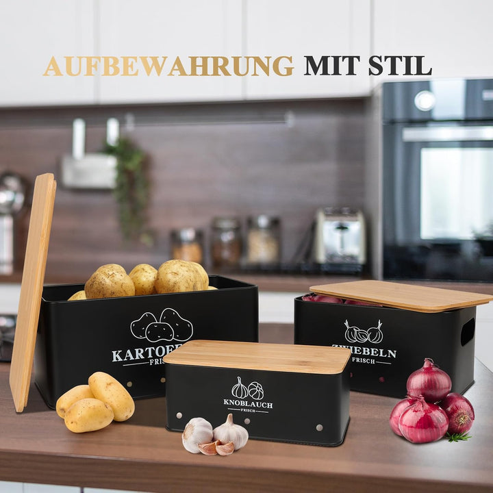 Kartoffel Aufbewahrungsbox 3er Set mit Bambusdeckel, Aufbewahrung für Kartoffeln Zwiebeln Knoblauch,