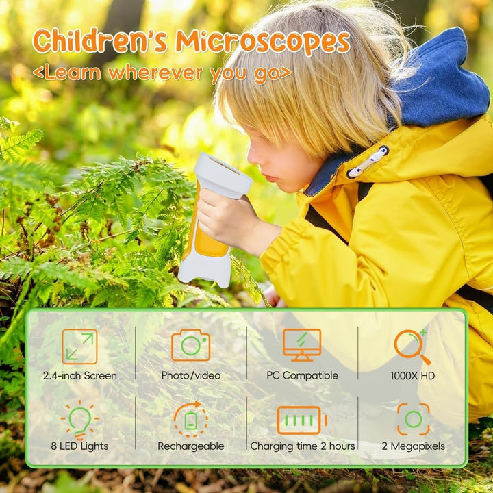 Mikroskop für Kinder, Temodu 2.4" Bildschirm, 1000X USB Tragbares Taschenmikroskop, Wiederaufladbare