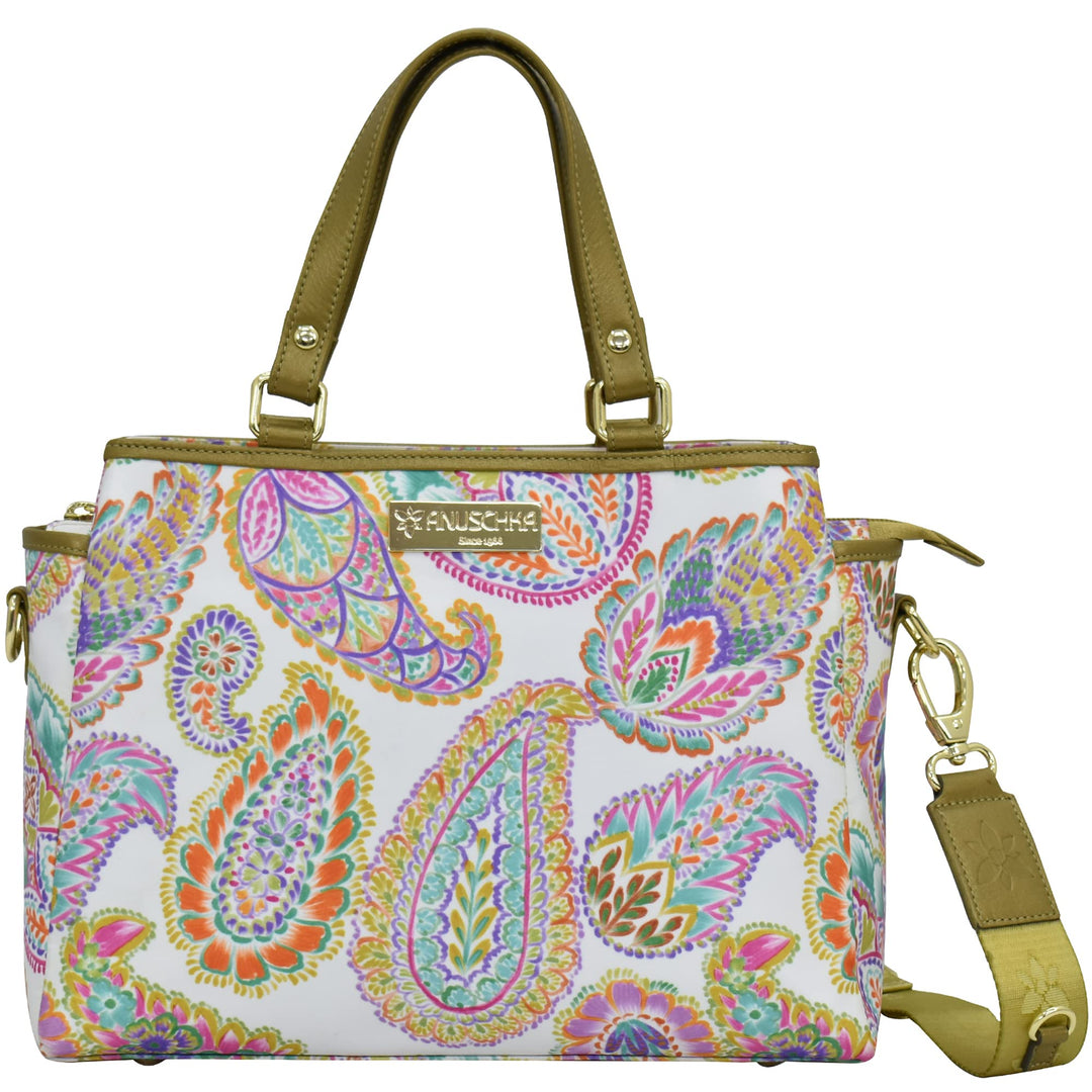 Anuschka Satchel mit Fächern - Wanderlust Kollektion - Nylonstoff mit Leader Trim und Kunstdruck Boh