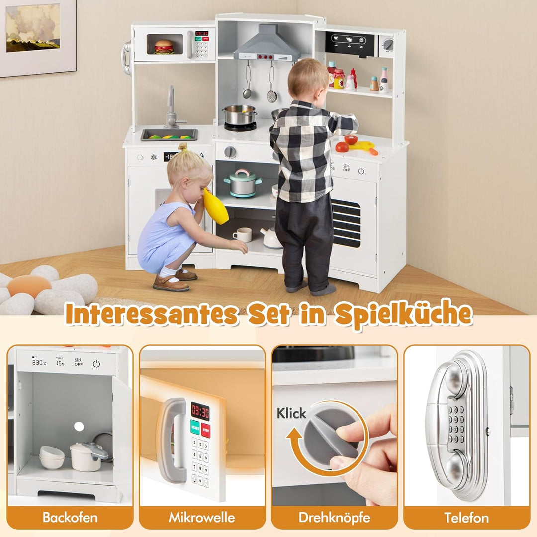COSTWAY Kinderküche Holz, Spielküche mit Dunstabzugshaube, Spüle, Wasserhahn, Mikrowelle & Ofen, Spi