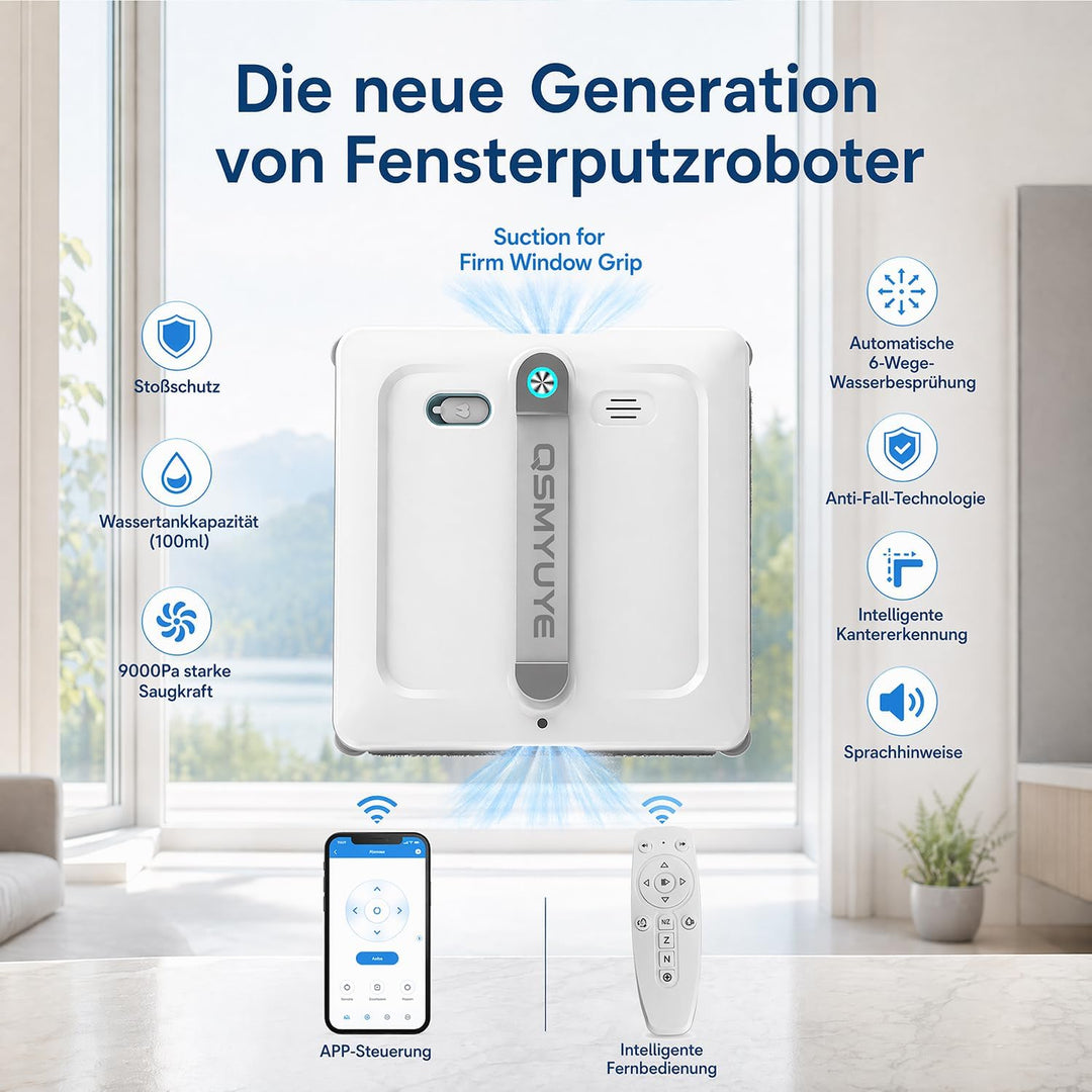 Fensterputzroboter, 9000Pa, Doppelwalzenbürste, für alle Fenster Weiss, Weiss