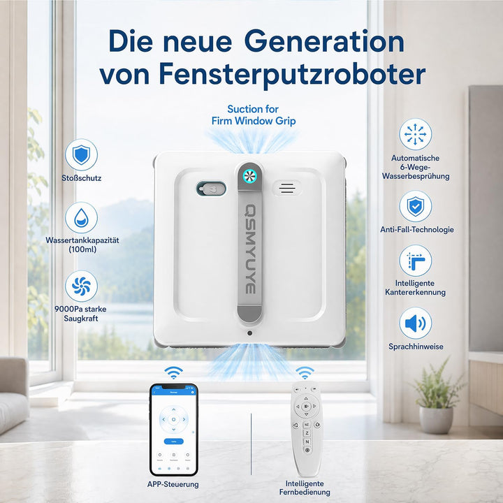 Fensterputzroboter, 9000Pa, Doppelwalzenbürste, für alle Fenster Weiss, Weiss
