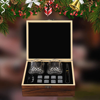 Whiskey Stones Geschenkset mit 2 Gläsern, handgefertigter Geschenkbox, 8 Granit-Whiskey-Rocks & Samt